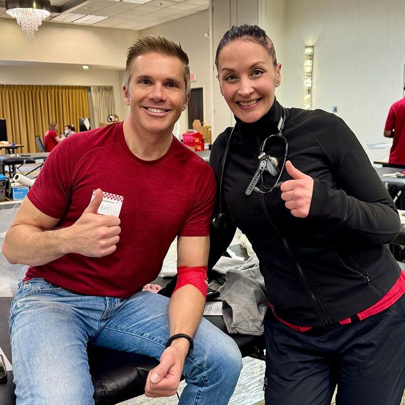 6abc meteorologist Adam Joseph is pictured with phlebotomist Shannon Cobo after giving blood.