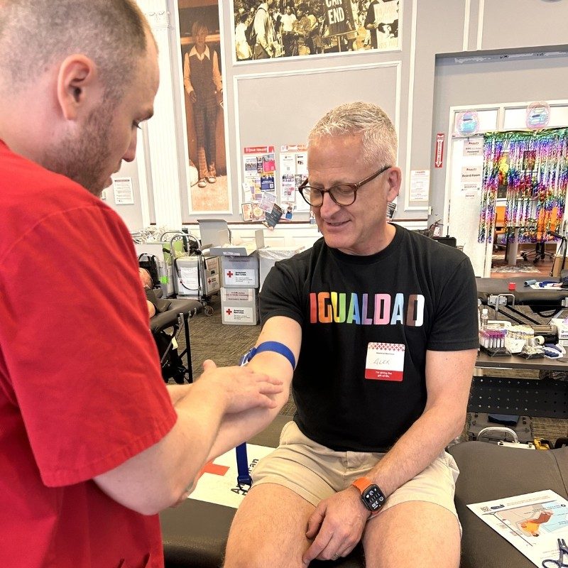 Alex donating blood.