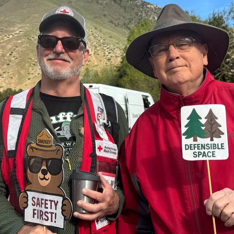 Two Red Cross volunteers holding up fire safety risk signs.