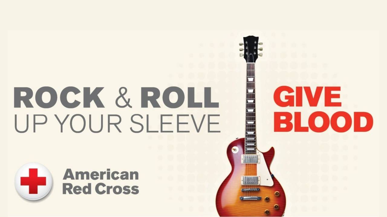 guitar graphic with "give blood" header.