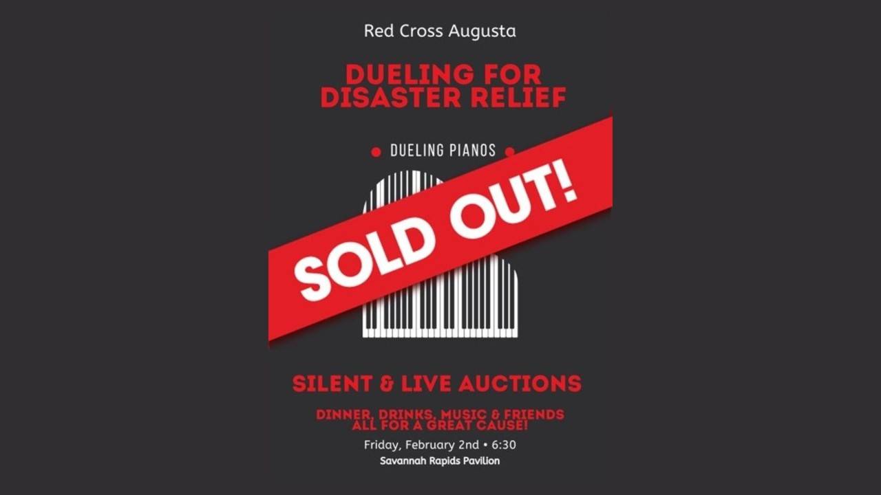 Dueling for Disaster Relief banner with drawing of piano keys and Red Cross logo