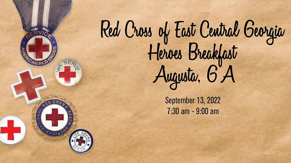American Red Cross Heroes Breakfast banner with beige background and Red Cross medals and patches