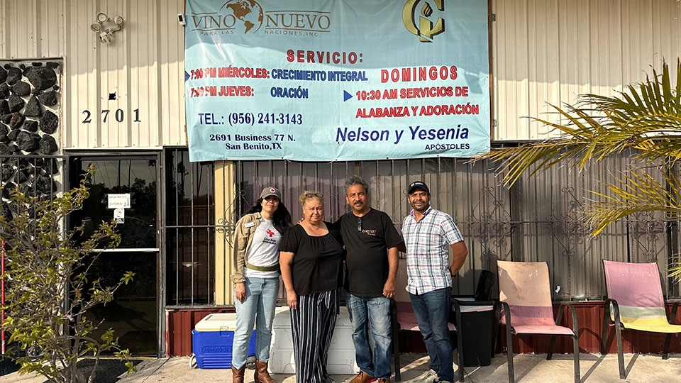 volunteers outside of help center.