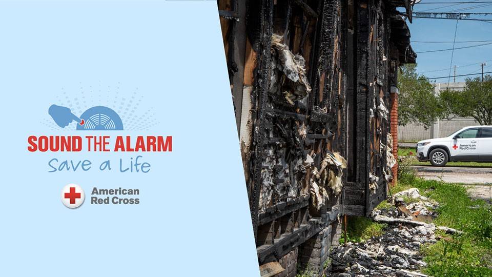Sound The Alarm Save a Life event banner with burnt down house in the background