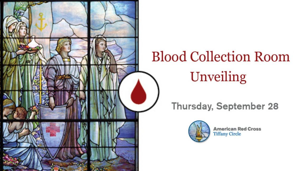 blood collection room unvieling graphic with tiffany circle windows