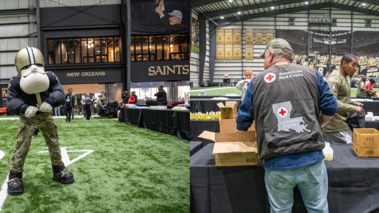 Collage of two photos of the Saints mascot and Red Cross volunteers 