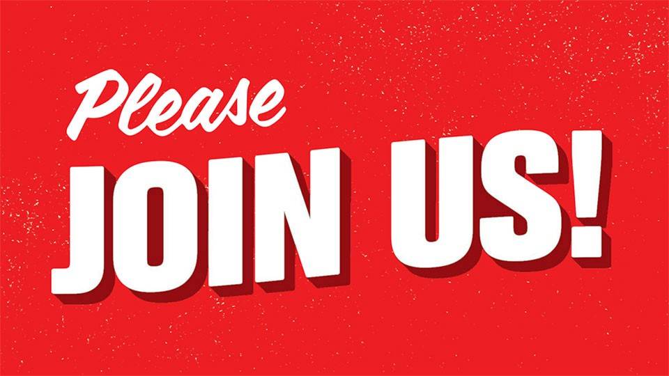 Red banner with bold white text reading "Please JOIN US!"