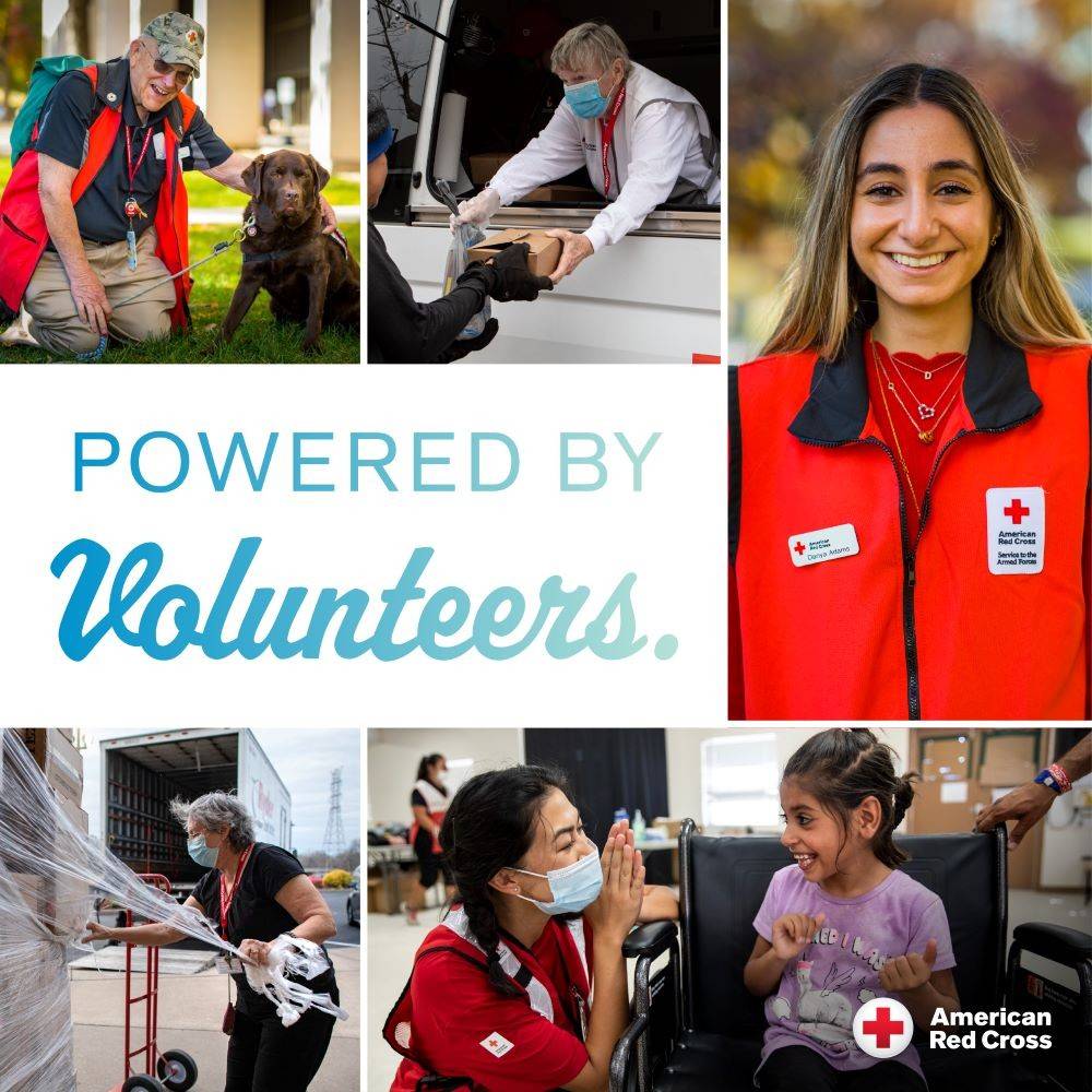 collage of volunteers with text overlay: "powered by volunteers".