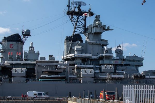 Battleship New Jersey with Red Cross flag