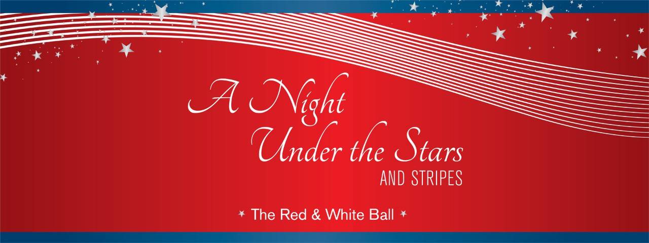 Red and White Ball text banner with red background and blue and white design elements