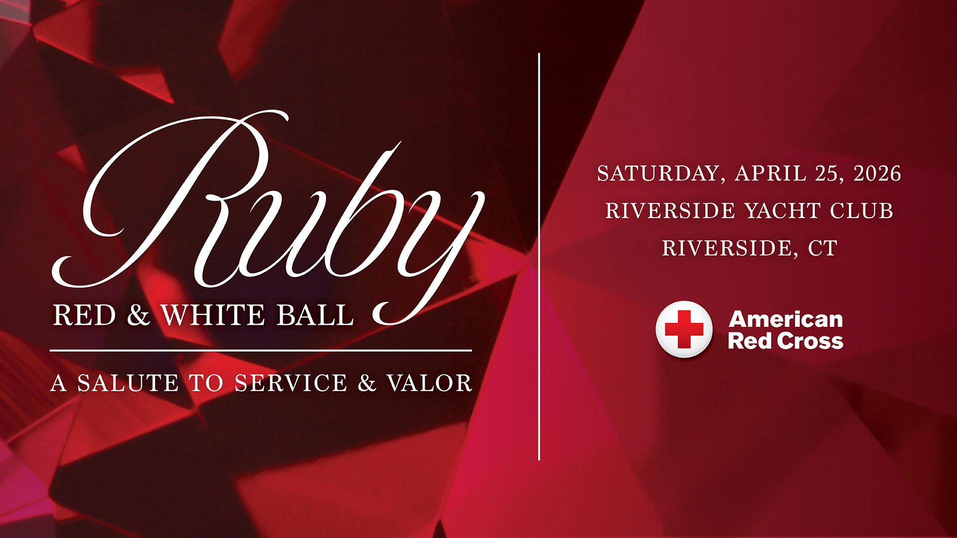 Ruby red and white ball banner with a Red Cross logo and date and place of the event.
