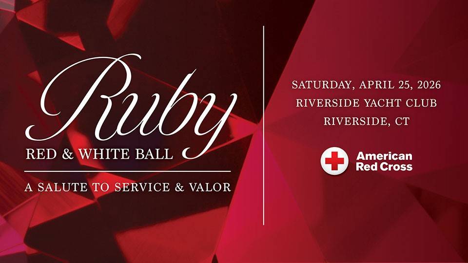 Ruby red and white ball banner with a Red Cross logo and date and place of the event.