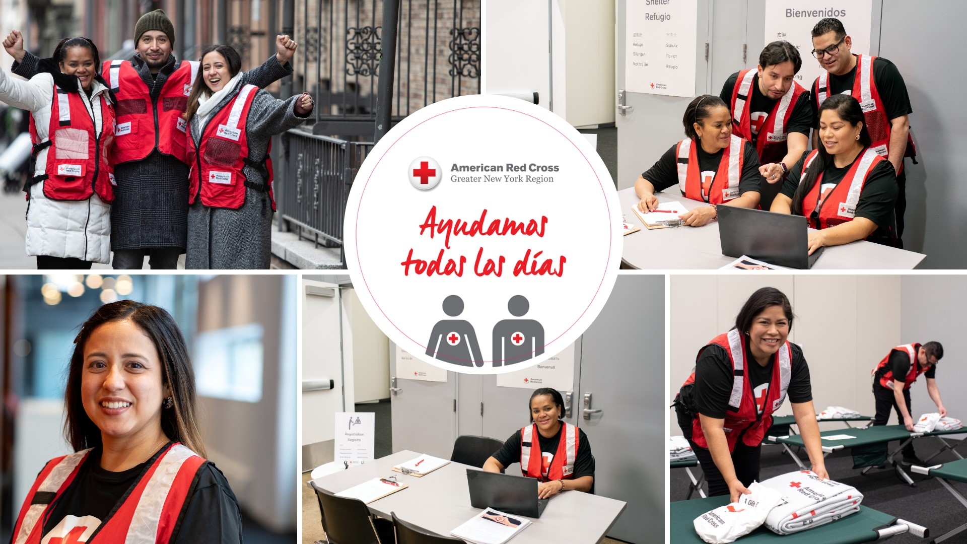 Red Cross volunteer hugging another person.