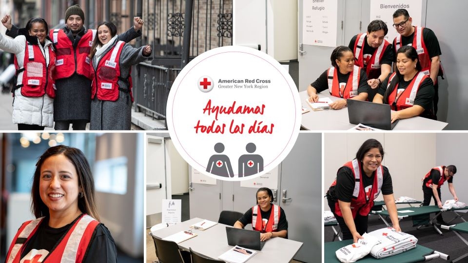 Collage of photos of red cross volunteers doing avrious task and smiling 