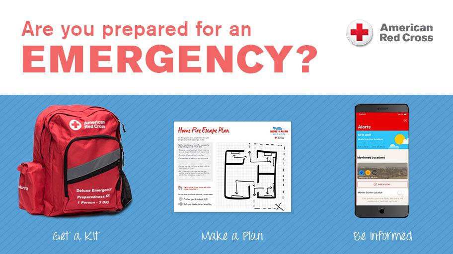 Red Cross kit, plan, and phone with info