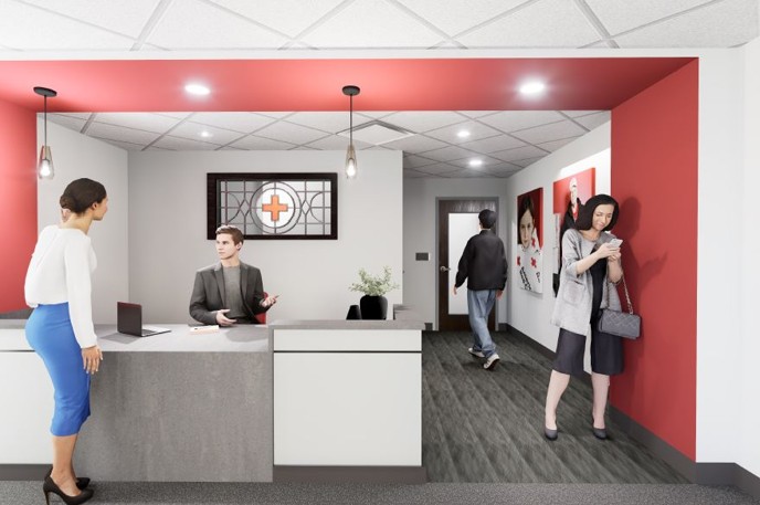 Animated image of a welcome area in a building.