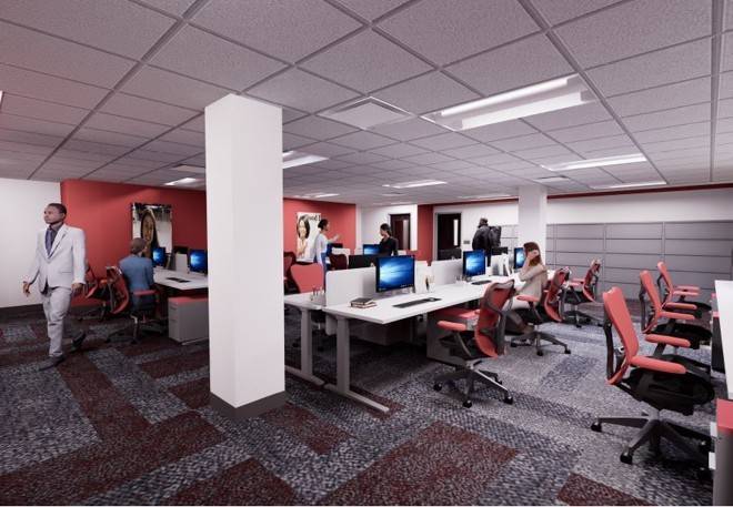 Animated image of a workspace with cubicles in a building.