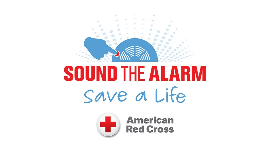Sound the Alarm Save a Life with drawing of blue hand and smoke alarm banner