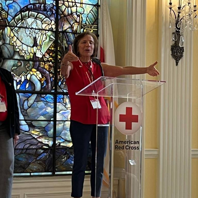 Sue giving a speech at a podium