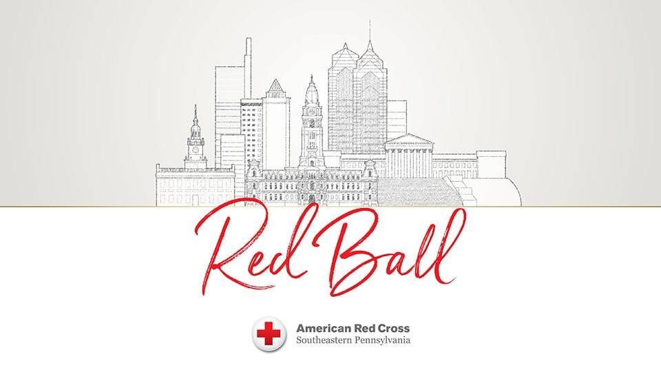 Red Ball banner with drawing of buildings