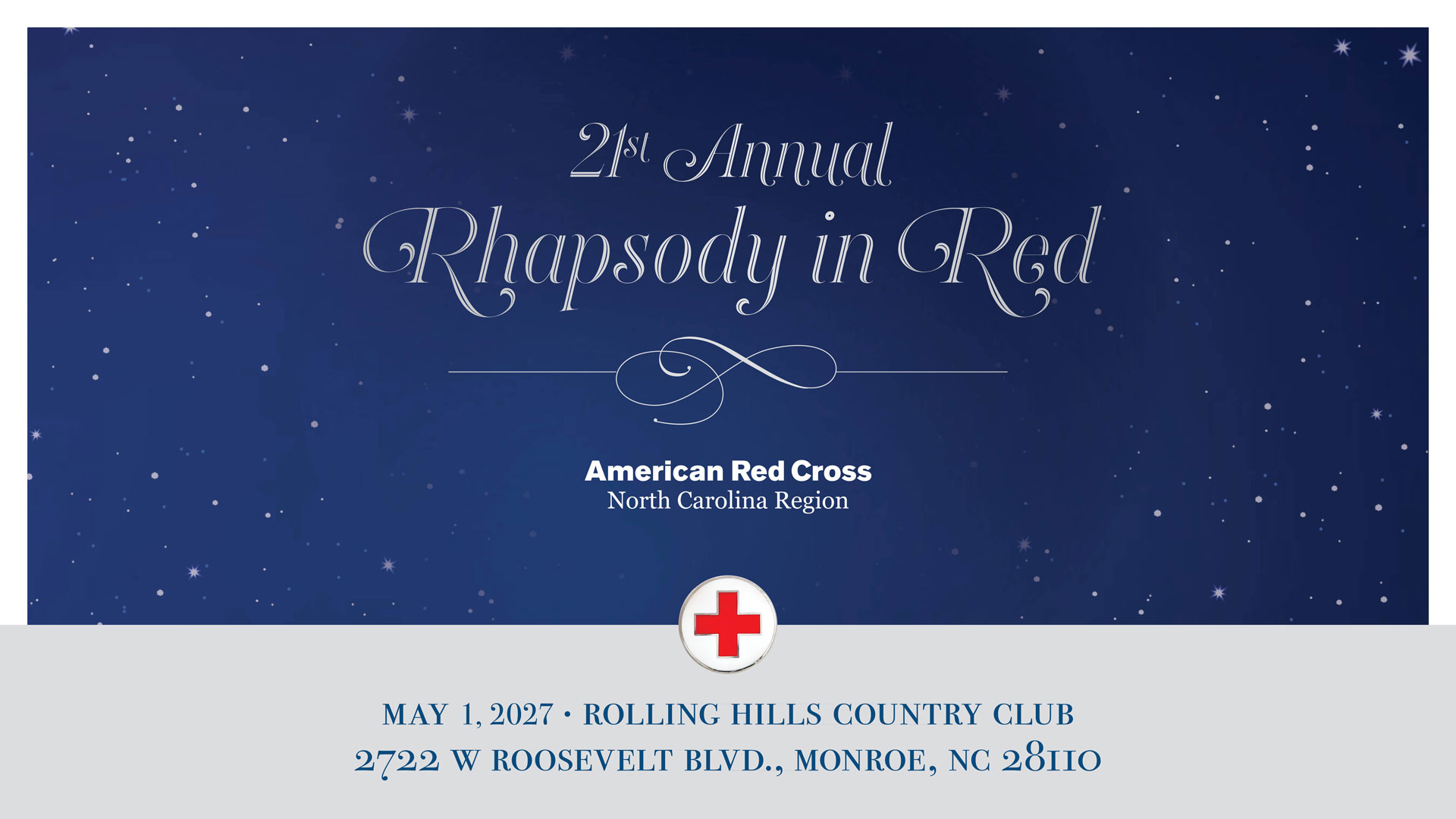 rhapsody in red graphic event name and time on a dark blue sky with stars background.