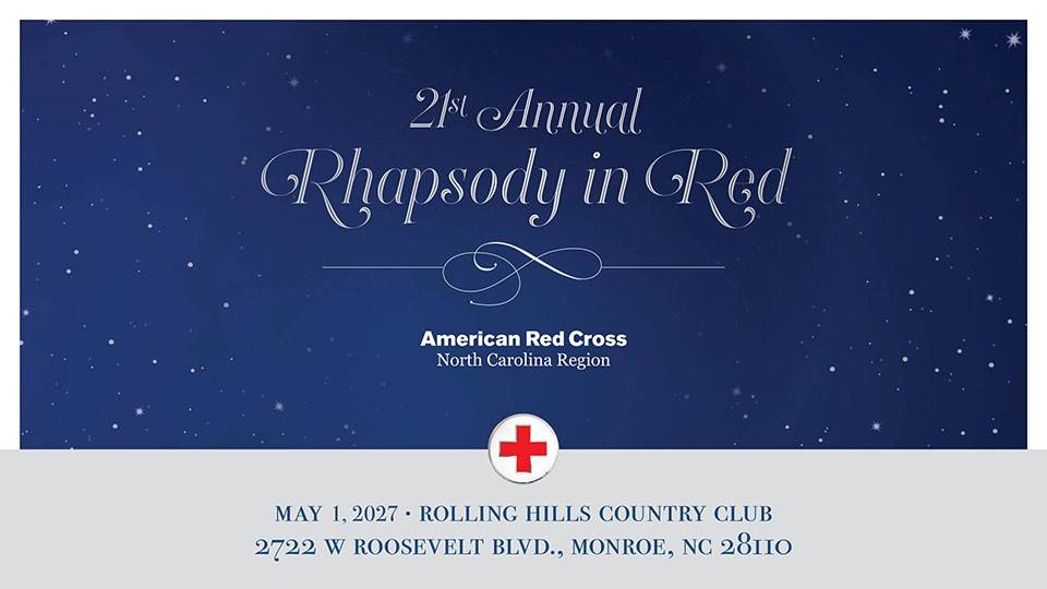 rhapsody in red graphic event name and time on a dark blue sky with stars background.