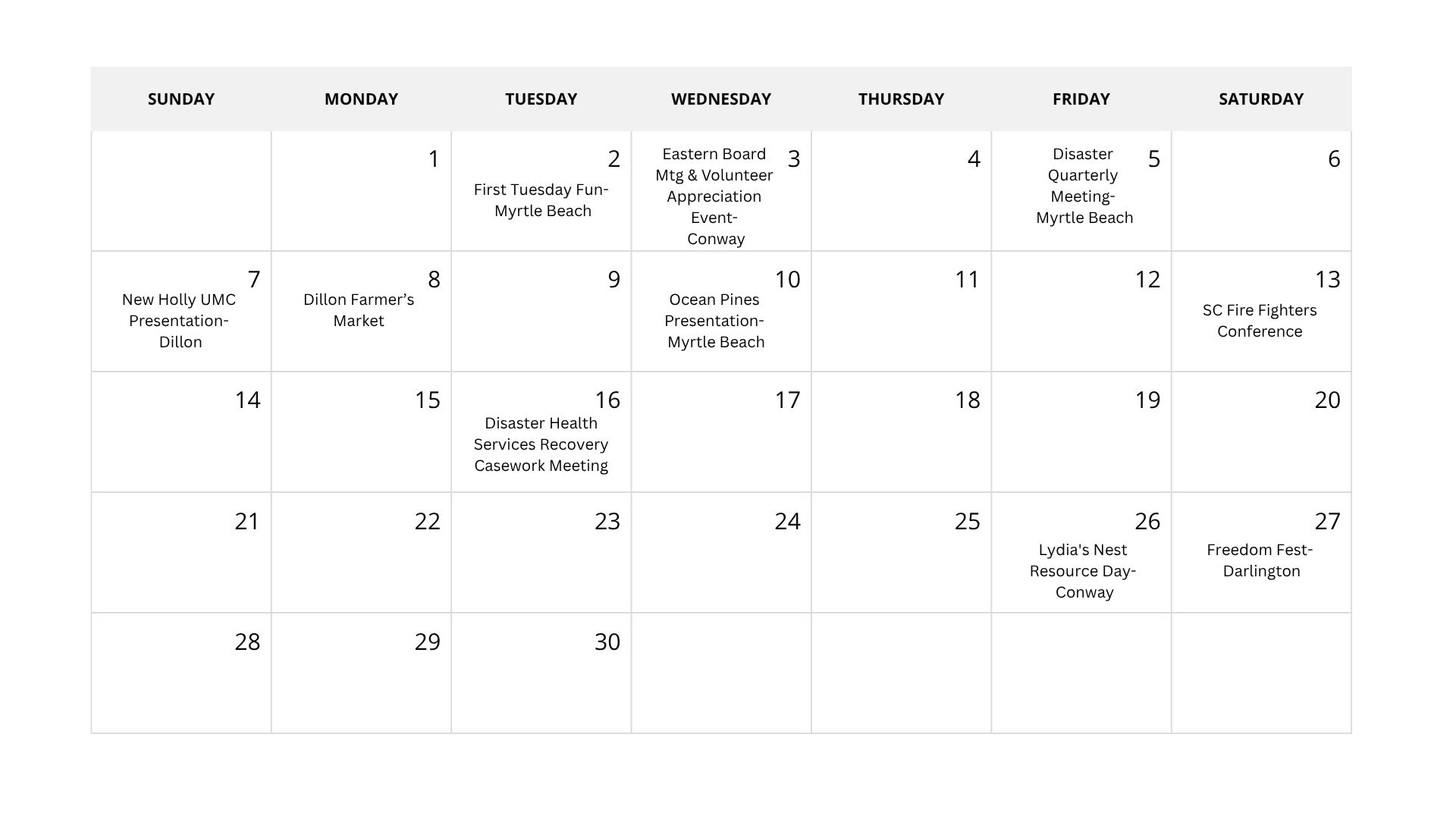 list of calendar events in june of 2026