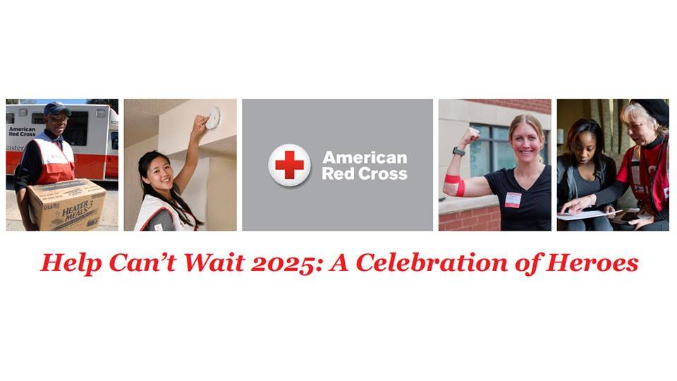 Photo collage of Red Cross volunteers helping others.