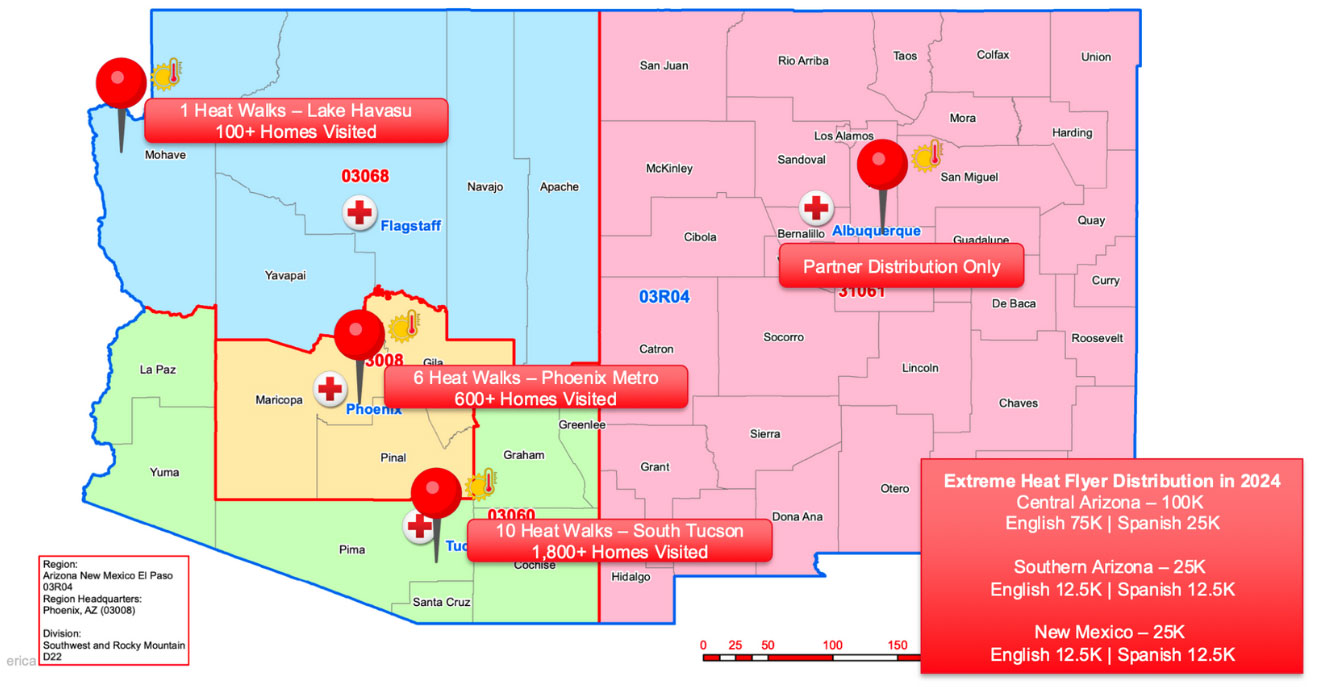 Arizona and New Mexico map with pins in it showing the efforts taken to help others.