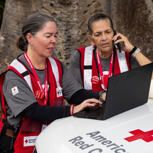 Two Red Cross volunteers on the phone and computer.