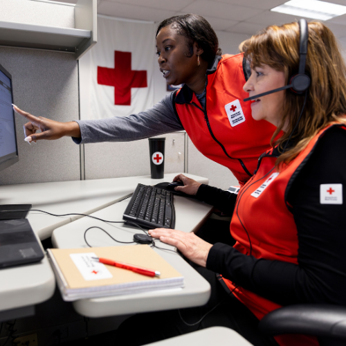 Two red cross volunteers sitting in fornt of a computer and pointing to the computer screen.