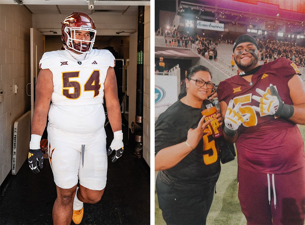 Picture of Joey Su’a, in football uniform, walking down a hallway and another picture of Joey Su’a, in football uniform, standing next to his mother on a football field.