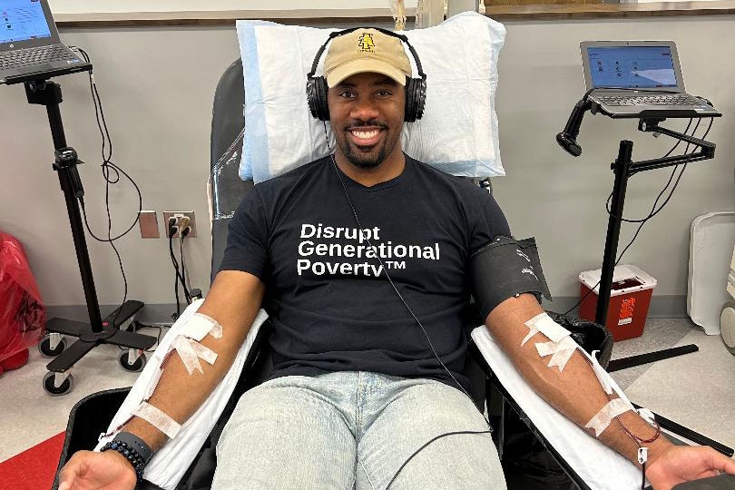 Jasper Smith sitting in cot giving blood