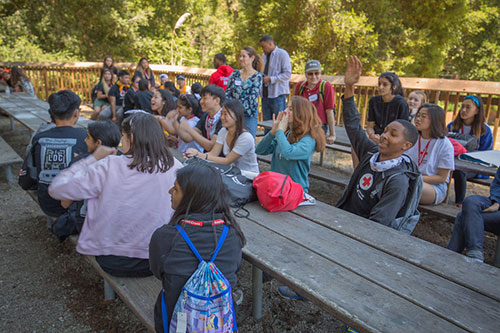 ldc students at camp sitting at park benches.