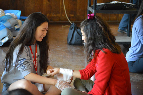 ldc students train on how to wrap a bandage around someone's arm.