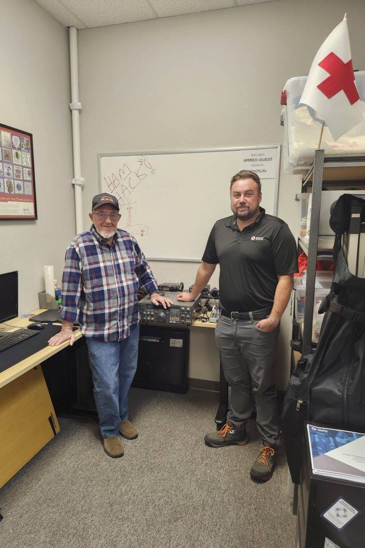 Two men stand in front of radio equipment
