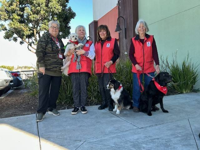 Group of Red Cross volunteers with Red Cross therapy dogs
