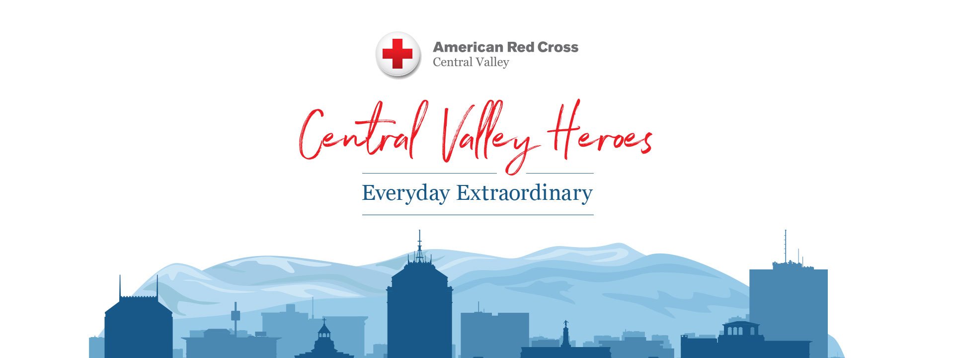 Central Valley Heros banner with drawing of skyline and mountains in the background