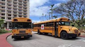 two school busses with Red Cross logo