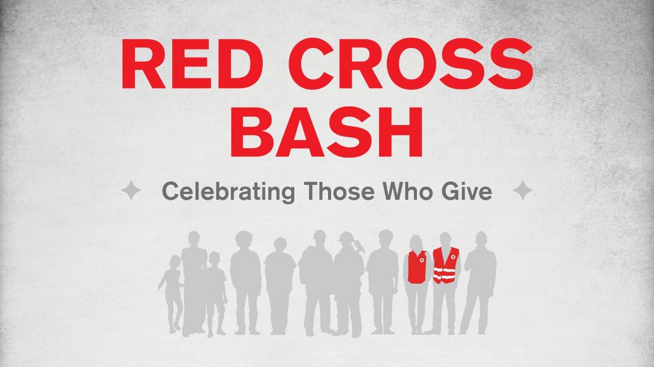 Text header advertising Red Cross Bash event and Red Cross Month.  Red and grey colors with silhouettes of people in Red Cross vests.