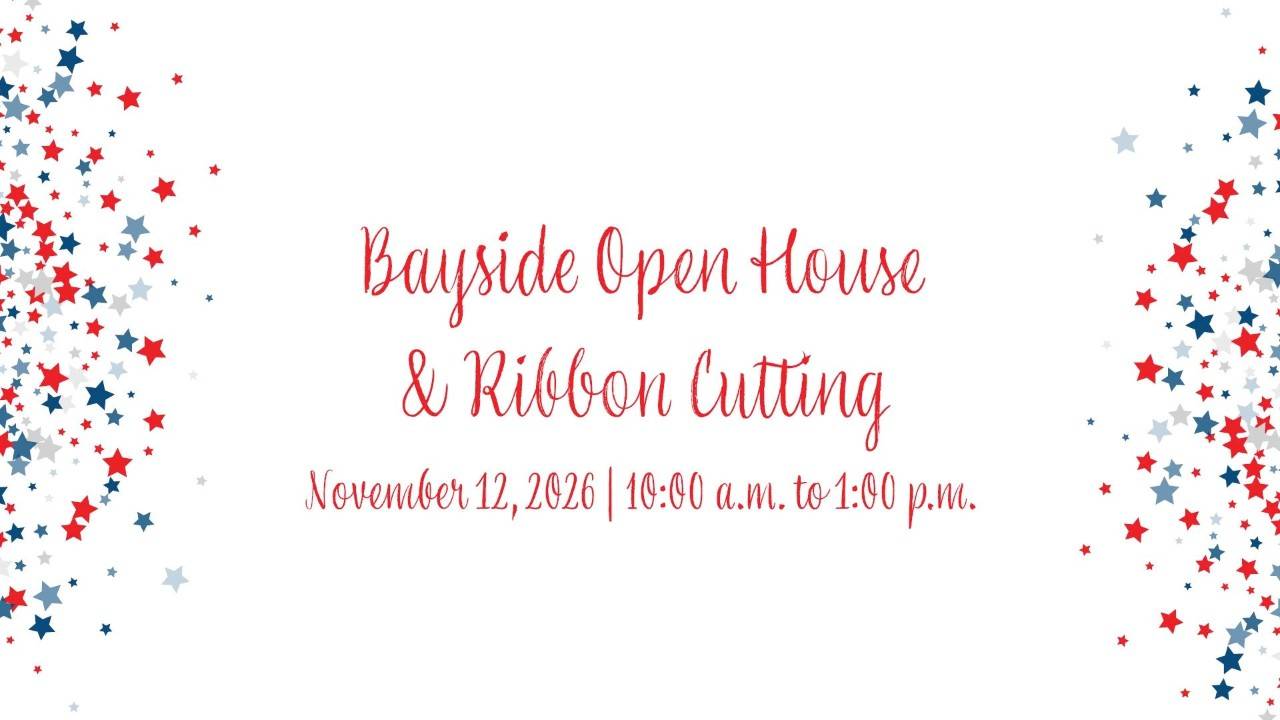 ribbon cutting graphic with blue and red stars
