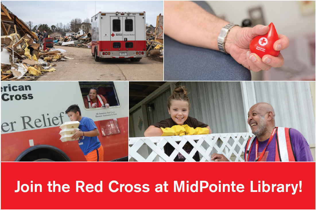 collage of smiling people including children, red cross volunteers, blood donor and disaster relief vehicle