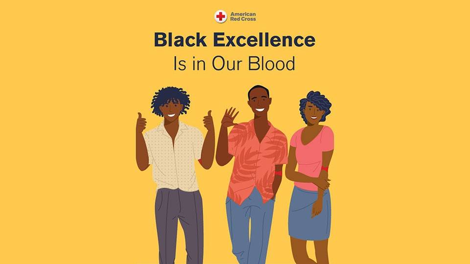 Cincinnati Black Family Reunion Blood Drive banner with a drawing of three people that have a bandage around their arms.