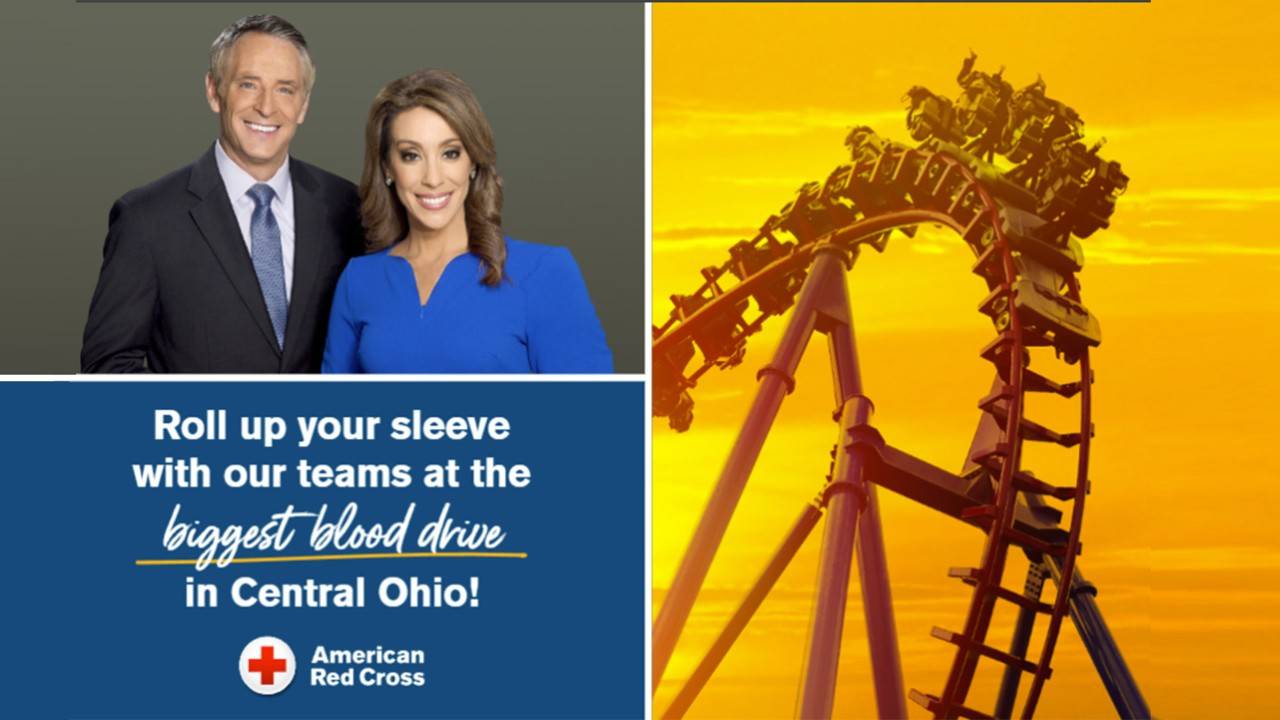 News anchors with rollercoaster in background