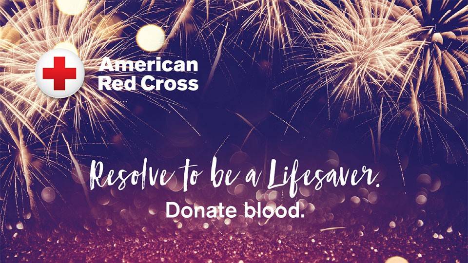 Banner with fireworks, Red Cross logo and text Resolve to be a Lifesaver Donate blood.