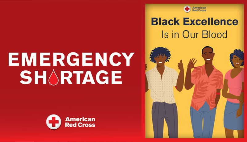 blood shortage alert graphic with african american blood donors
