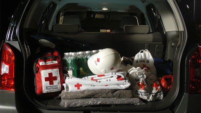 Trunk of vehicle with Red Cross preparedness items