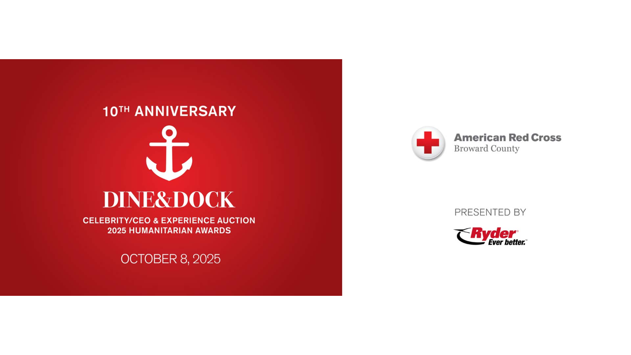 Dine & Dock Celebrity/CEO & Experience Auction 2025 Humanitarian Awards banner with drawing of anchor in gray circle and Ryder logo.