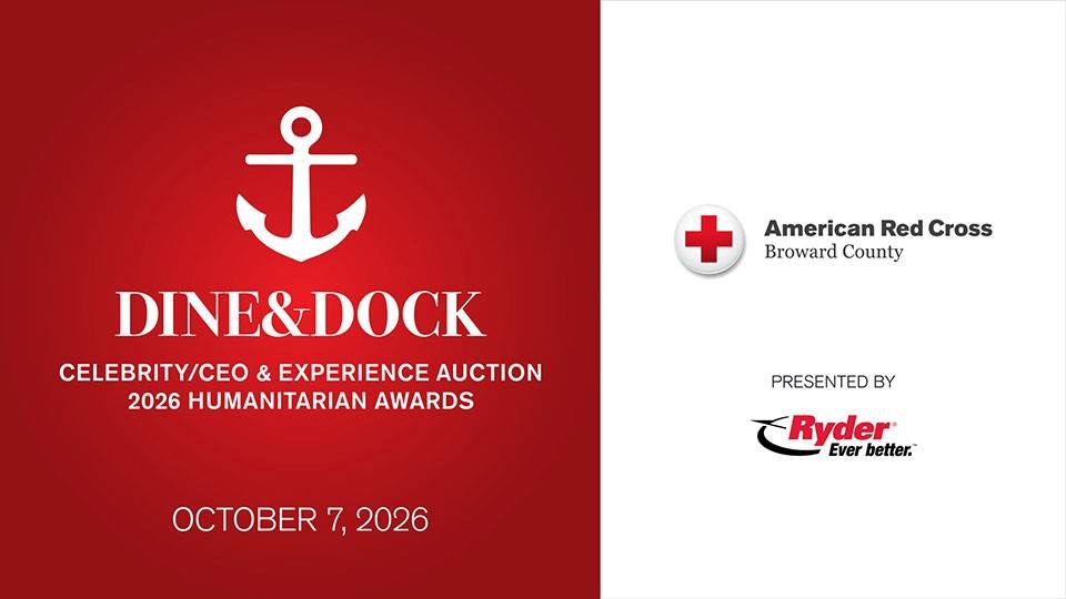 Dine & Dock Celebrity/CEO & Experience Auction 2026 Humanitarian Awards banner with drawing of anchor, a Red Cross logo and Ryder logo.