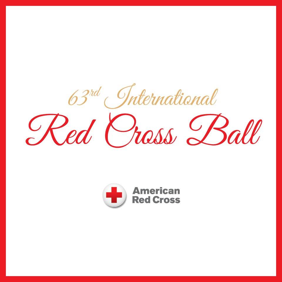 Red, white and gold with Text Beneath announcing 63rd International Red Cross Ball